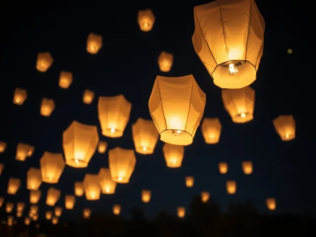 Múltiples globos de Cantoya iluminando el cielo en una noche mágica.