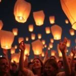 Globos de Cantoya iluminando el cielo nocturno en un evento festivo.