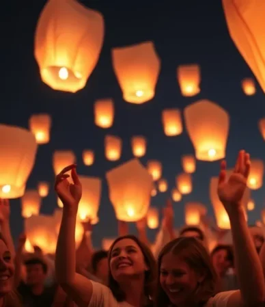 Globos de Cantoya iluminando el cielo nocturno en un evento festivo.