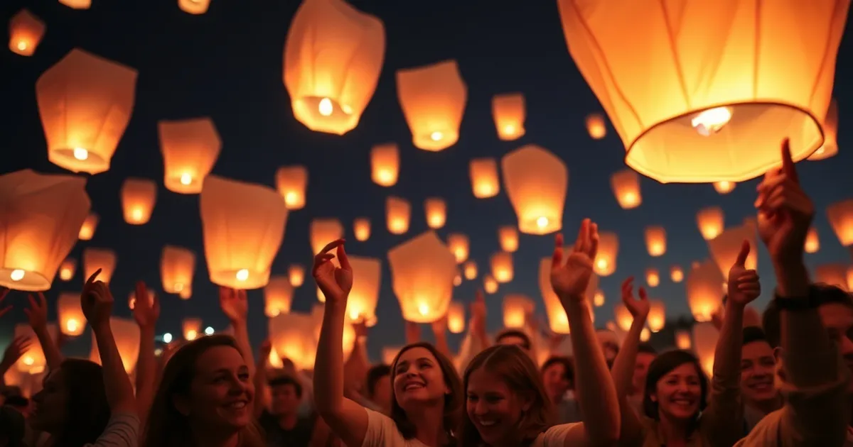 Globos de Cantoya iluminando el cielo nocturno en un evento festivo.