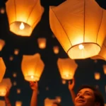 Personas lanzando globos de Cantoya en un evento nocturno