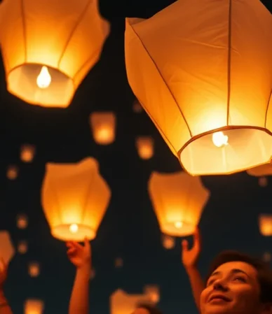 Personas lanzando globos de Cantoya en un evento nocturno