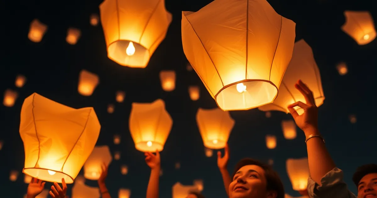 Personas lanzando globos de Cantoya en un evento nocturno