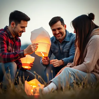 Familia encendiendo un globo de Cantoya en un campo abierto