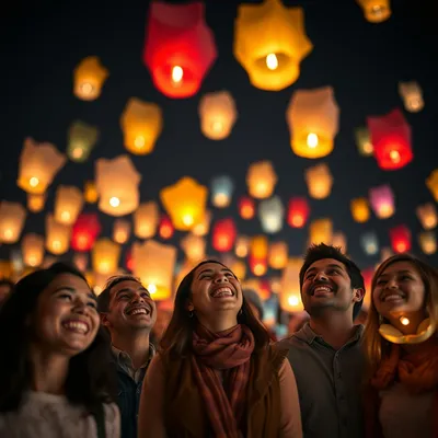 Grupo de amigos observando globos de Cantoya volar en la noche