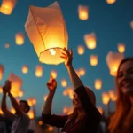 Personas lanzando globos de Cantoya en un evento corporativo