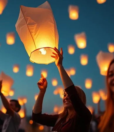 Personas lanzando globos de Cantoya en un evento corporativo