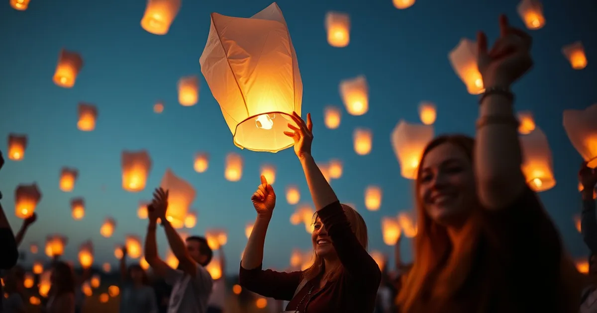 Personas lanzando globos de Cantoya en un evento corporativo
