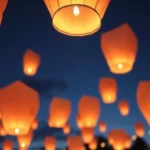Globos de Cantoya iluminando el cielo nocturno en un evento corporativo.