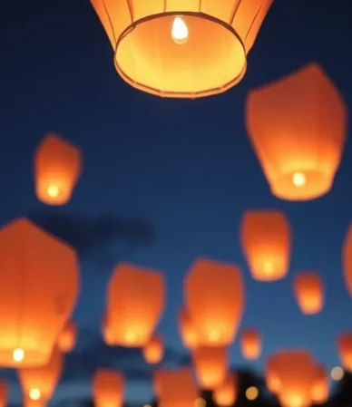 Globos de Cantoya iluminando el cielo nocturno en un evento corporativo.