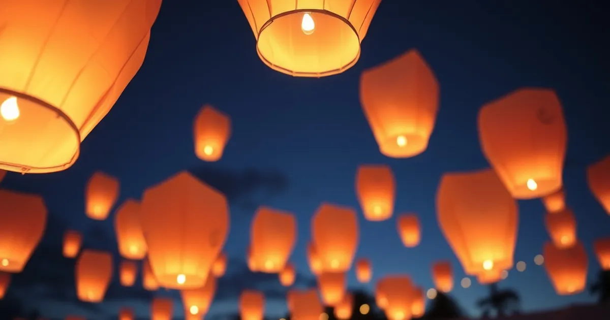 Globos de Cantoya iluminando el cielo nocturno en un evento corporativo.